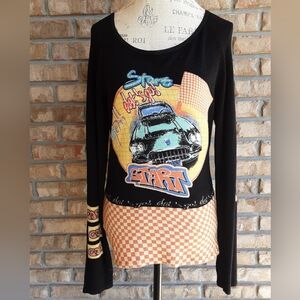 Loulou Y2K Vintage Black Graphic Print Car Auto Race Long Sleeve Sweater.